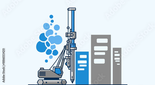 Construction Rig Working On Urban Development Project With Building Silhouettes