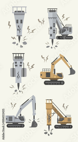 Construction Site Equipment Hydraulic Breaker Icons Vector Collection