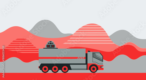 Autonomous Transport Truck Navigating Modern Abstract Red Landscape With Advanced Sensors