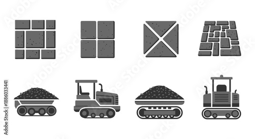 Construction Site Essentials Paving Stones Heavy Machinery And Aggregate Materials Vector Icons