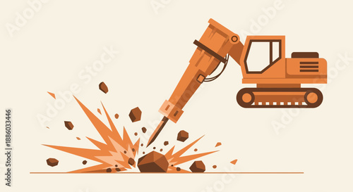 Construction Site Hydraulic Breaker Demolishing Rock With Forceful Impact Explosion