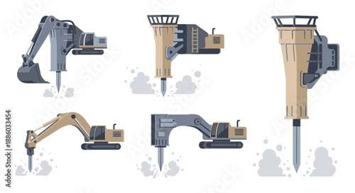 Construction Site Heavy Equipment Set Hydraulic Breakers Excavators Working
