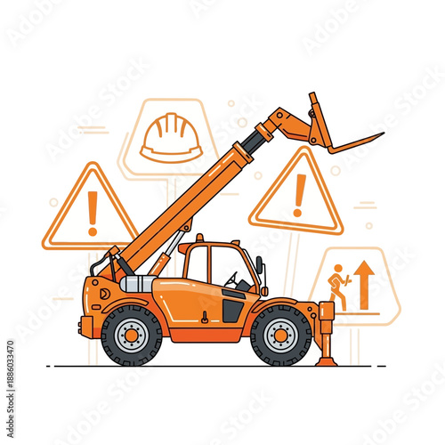 Construction Site Safety Concept With Telehandler Machine And Warning Signs Vector