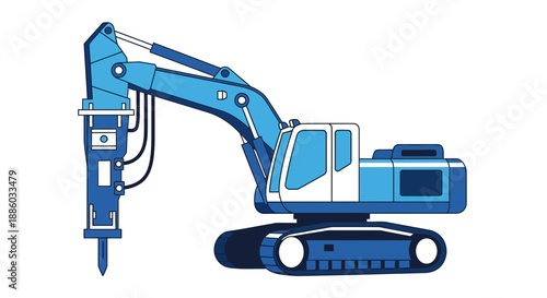 Blue Hydraulic Breaker Excavator Construction Machine On Isolated White Background