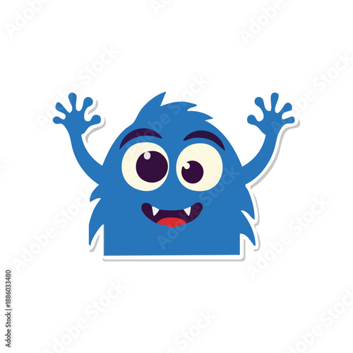 Cute blue hairy monster character with raised hands and a funny surprised expression isolated on white background