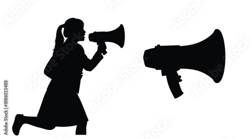 Woman announcing with megaphone dynamic pose captured in a striking silhouette
