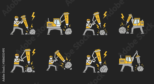 Construction Workers And Heavy Machinery Breaking Rocks In Industrial Settings