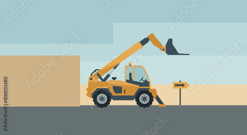 Bright Yellow Telescopic Handler With Forklift Attachment On A Simple Construction Scene Ready For