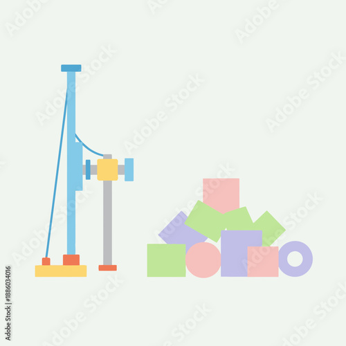 Colorful Geometric Building Blocks Stacked Beside An Abstract Industrial Drill Machine
