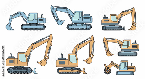 Colorful Array Of Essential Construction Excavator Vehicles Flat Vector Illustration Art