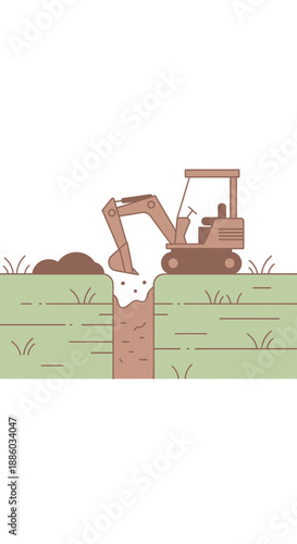 Compact Excavator Machinery Efficiently Digging Trench In Green Field Construction Scene