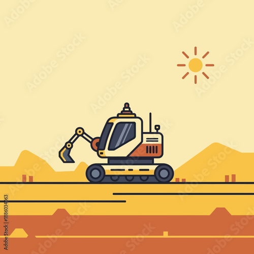 Compact Excavator Machine Operating On A Sunny Construction Site Flat Design