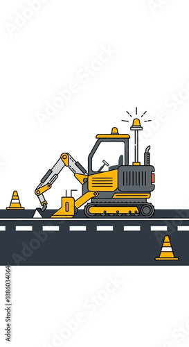 Compact Excavator Performing Roadwork With Safety Cones And Flashing Beacon Light