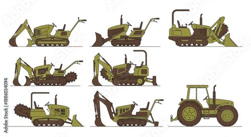 Comprehensive Set Of Industrial And Farm Equipment With Detailed Backhoes And Trenchers Designs