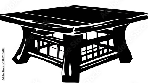 A black and white illustration of a square, wooden side table with latticed supports