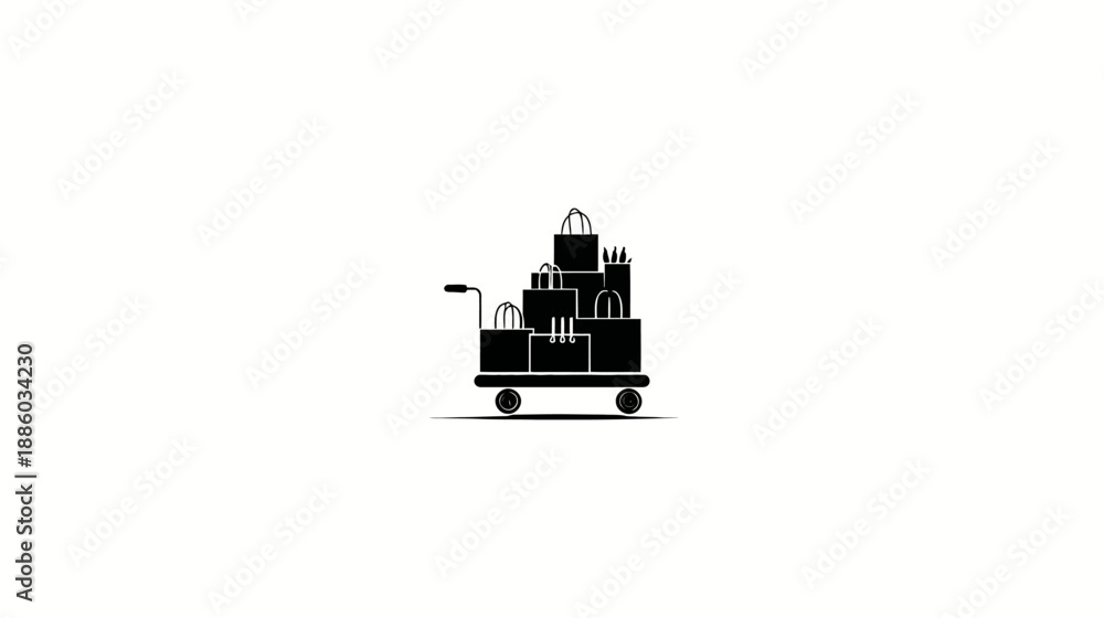 Obraz premium Black silhouette of a hand truck loaded with boxes, packages, and shopping bags, on white