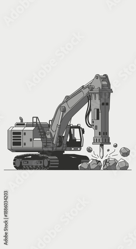 Construction Excavator With Hydraulic Hammer Crushing Rocks