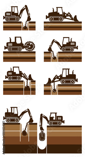 Construction Machinery Icons Illustrating Earthwork Excavation And Ground Drilling