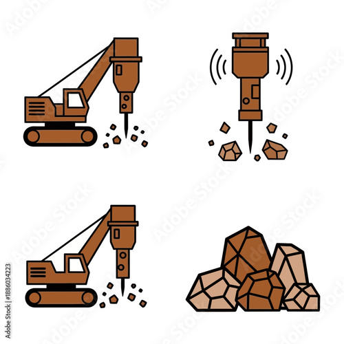 Construction Machinery With Hydraulic Hammer Breaking Rocks And Stones Collection Vector Icons