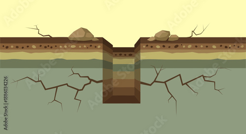 Deep Ground Excavation With Soil Layers And Earth Cracks Displaying Instability