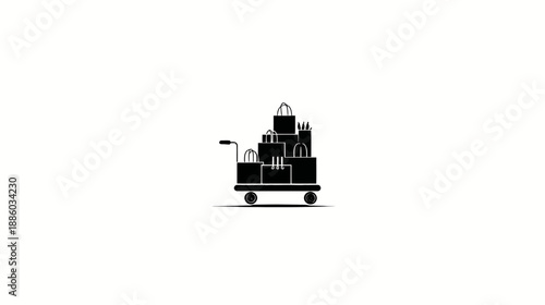 Black silhouette of a hand truck loaded with boxes, packages, and shopping bags, on white