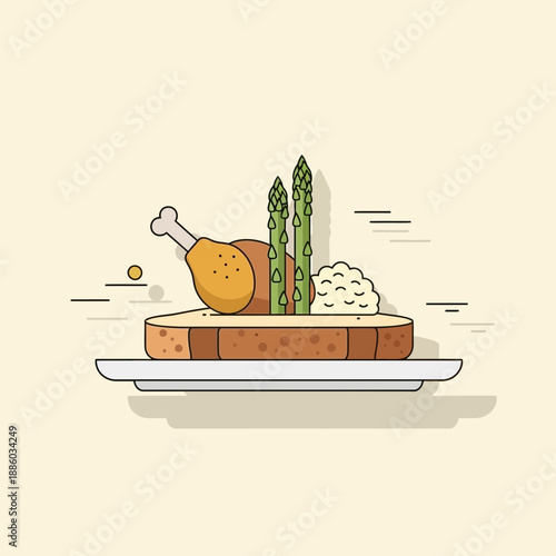 Delicious Gourmet Chicken Dinner Plate With Fresh Asparagus And Creamy Mashed Potatoes Illustration