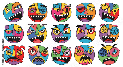 Set of abstract colorful monster faces with geometric patterns and cubism style for creative artistic design concepts.