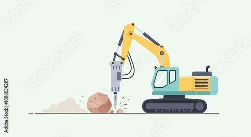 Demolition Excavator Jackhammer Crushing Rock Modern Flat Vector Illustration