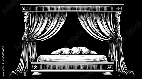Intricate black and white illustration of a canopy bed, with flowing curtains and decorative details