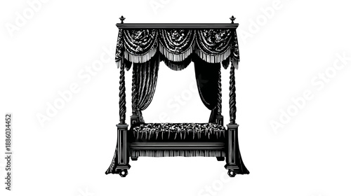 A regal four-poster bed is depicted in detailed black and white illustration on a white backdrop
