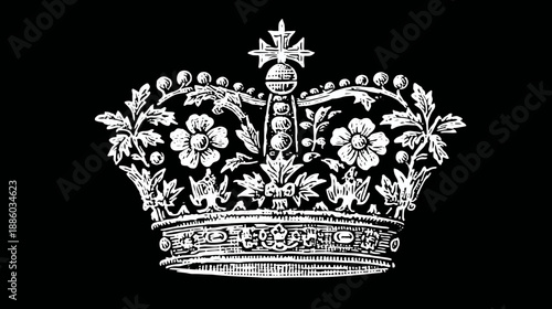 Intricately detailed white illustration of a crown with floral and geometric elements on a black background