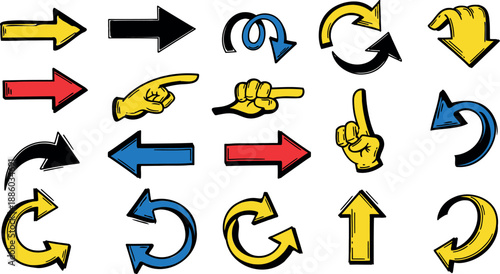 Colorful comic arrow set. Hand drawn pointing fingers, bold cursors and loop signs. Fun vector collection for creative design