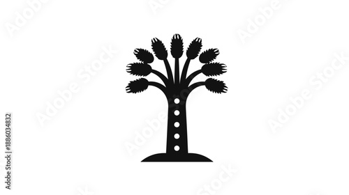 A black silhouette of a stylized tree with spiky leaves and a dotted trunk