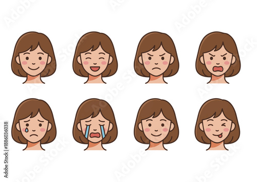 喜怒哀楽の感情を表現した女性の顔アイコンセット
