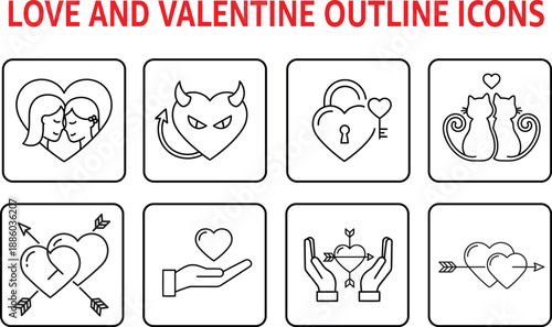Love and Valentine Outline Icons Set Romantic Symbols for Design and Communication
