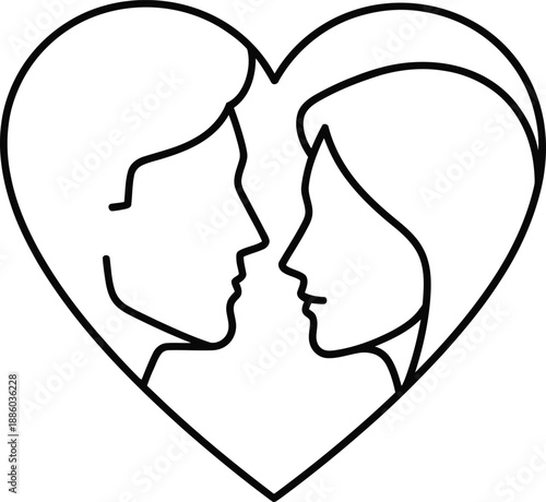 Illustrative concept of romantic connection profiles of a man and woman gently enclosed within a heart outline