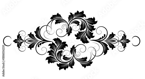 Horizontal Black Floral Scroll Ornament with Stylized Leaves and Flowers on Isolated White Background