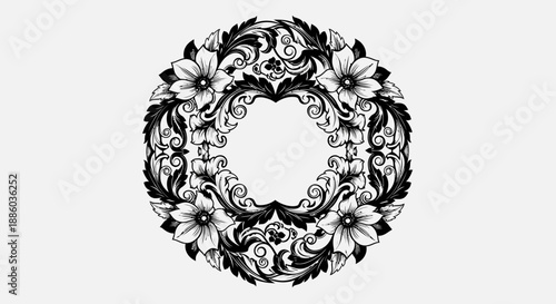 Elegant Round Black and White Floral Frame with Flowers and Leaves on Isolated White Background