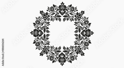 Detailed Square Black Floral Frame Design with Leaves and Flowers on Isolated White Background