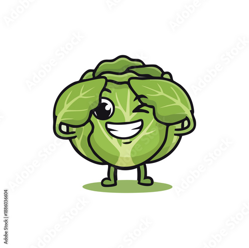 Cute winking green cabbage cartoon character smiling with leaf hands for healthy vegetable and food design concepts.