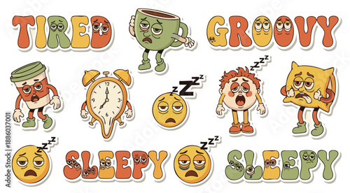 Retro groovy sticker set featuring tired coffee cup, sleepy alarm clock, and pillow characters in vintage style.