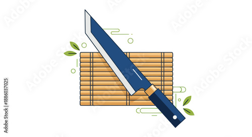 Blue chef knife on bamboo mat illustration