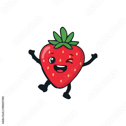 Joyful winking strawberry cartoon character jumping with excitement for healthy eating and summer fruit themes.
