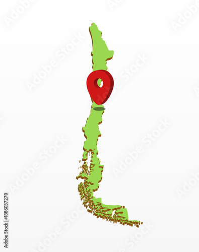 3d vector illustration graphic green color geographical map of Chile with red pointer icon on capitol
