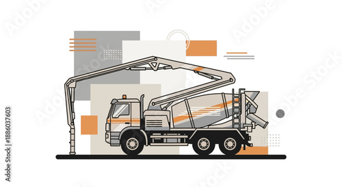 Dynamic Construction Concrete Mixer Pump Truck Vehicle Modern Vector Illustration