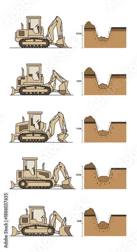 Detailed Illustration Of An Excavator Digging Earth Progressively For Construction Project