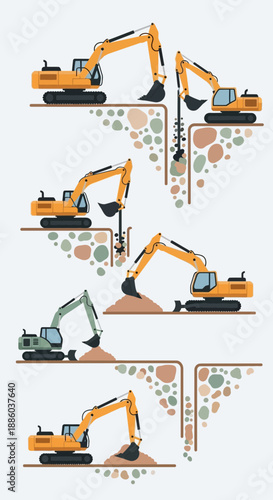 Detailed Illustration Of Heavy Construction Machinery Earthmoving Groundwork Operations Process