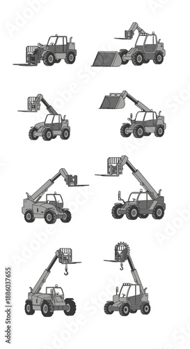Detailed Illustrations Of Heavy Duty Telehandler Machines In Different Configurations