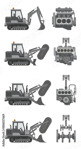 Detailed Industrial Engineering Components And Construction Equipment Icons Set
