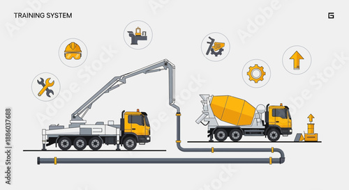 Detailed Industrial Illustration Of Modern Concrete Pumping And Mixing Operation Training System